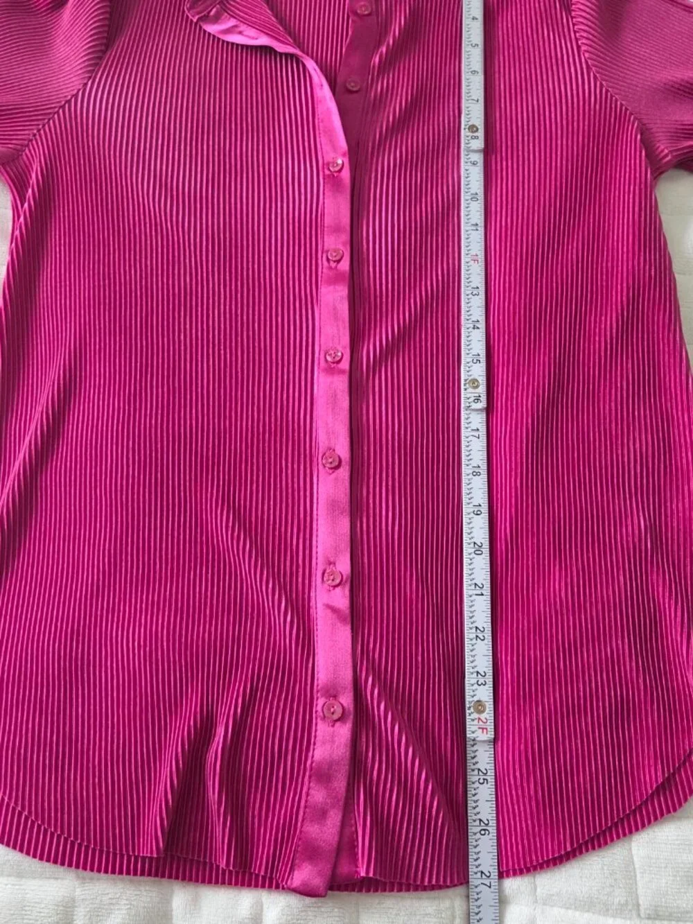 Magenta Pleated Plisse Blouse Medium Pink Satin Collared Button Down Luxury Boho - Picture 8 of 11